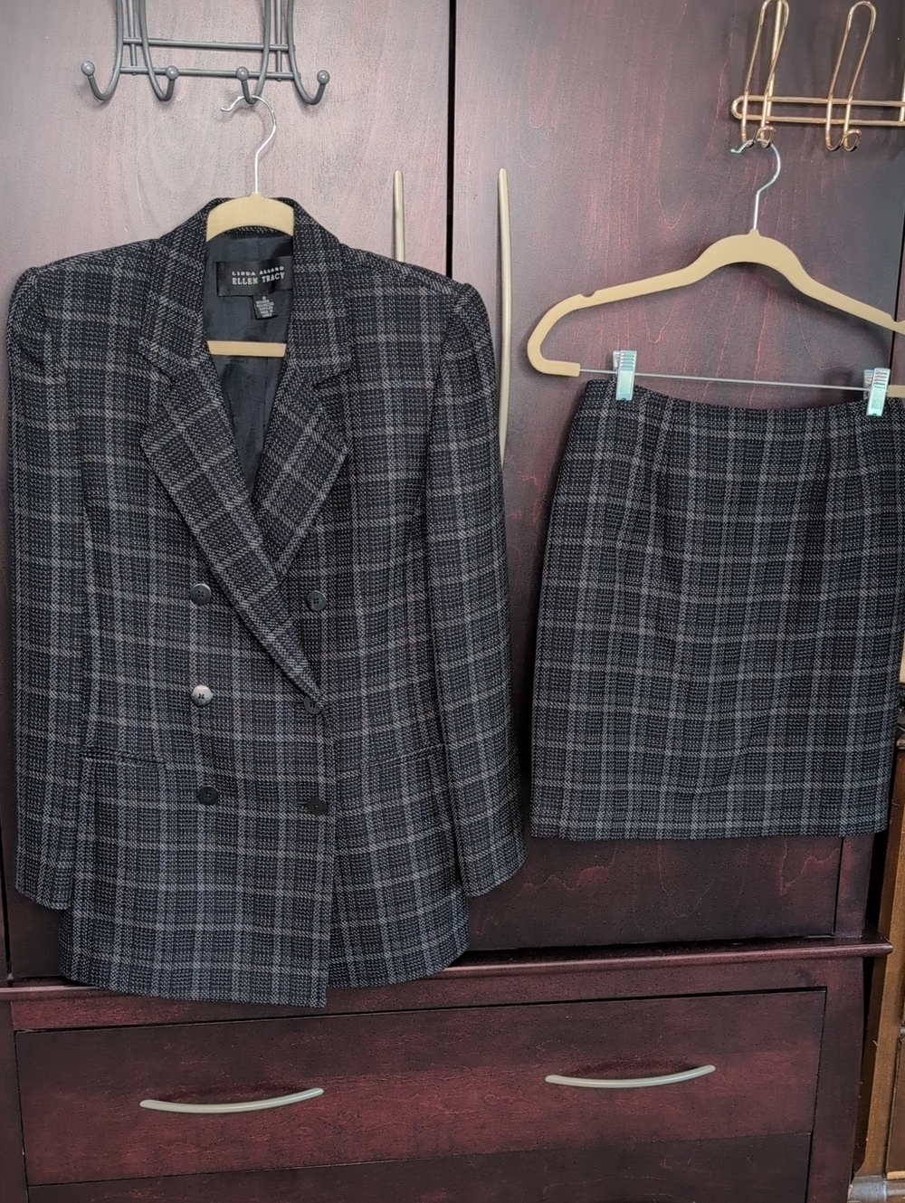 Ellen Tracy Women's Navy Plaid Double-Breasted Blazer & Skirt Set 8
